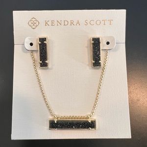 Kendra Scott Leanor Gold Bar Pendant Necklace & earrings in Black Drusy Quartz